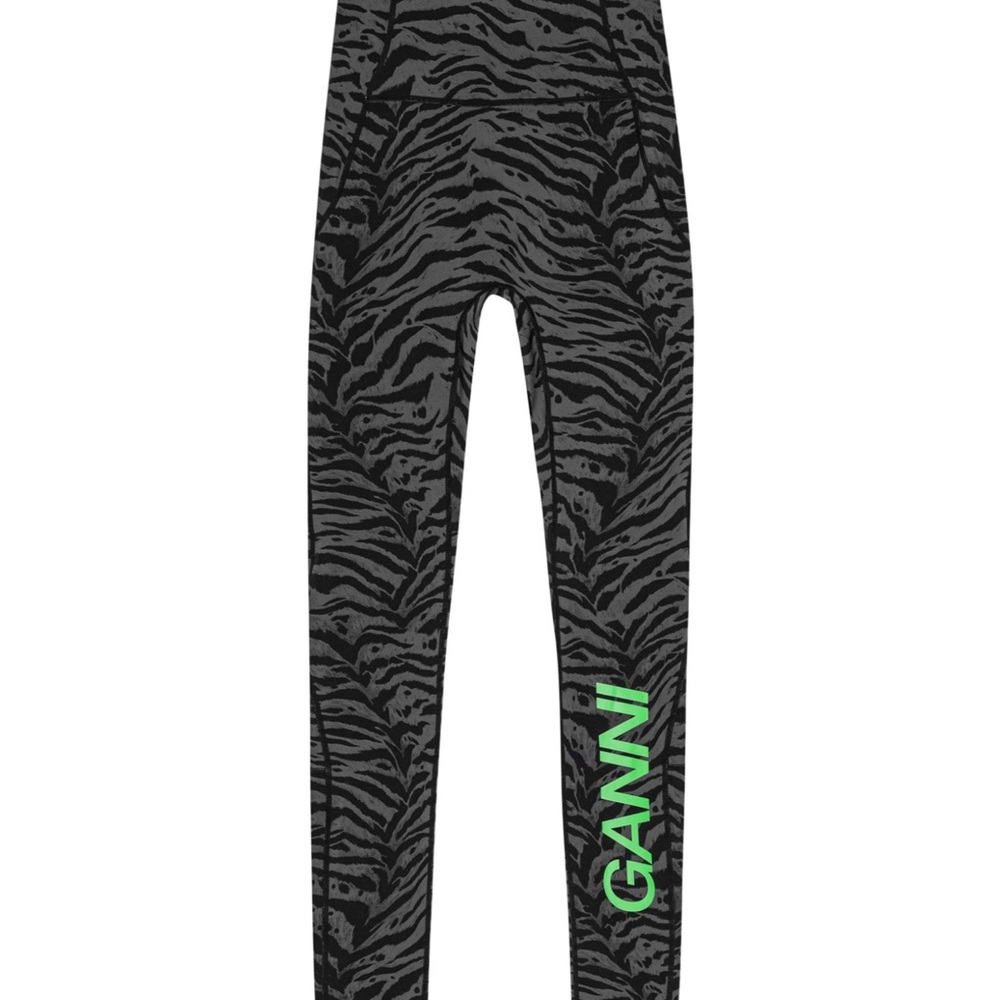 NWT Ganni Active Black and Green Zebra Print Ultra High Waist Tights - Phantom